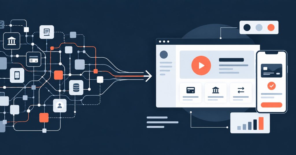 Fintech marketing and branding: a complex financial flow simplified into clear linear art