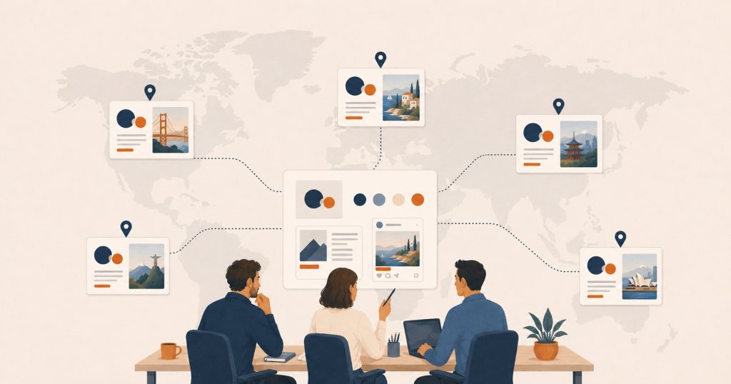 Illustration of one creative production team keeping a global brand consistent across several markets.