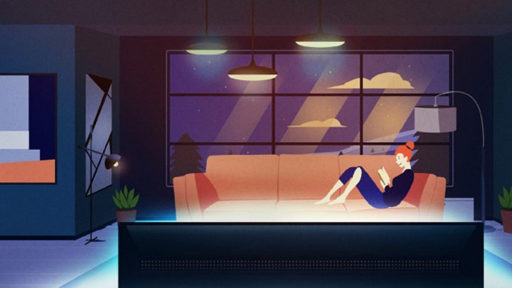 2D animation frame of a woman reading on a sofa in a living room lit by smart pendant lights