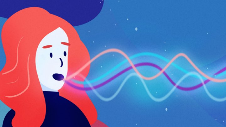 2D animation frame of a woman speaking, shown as coloured sound waves