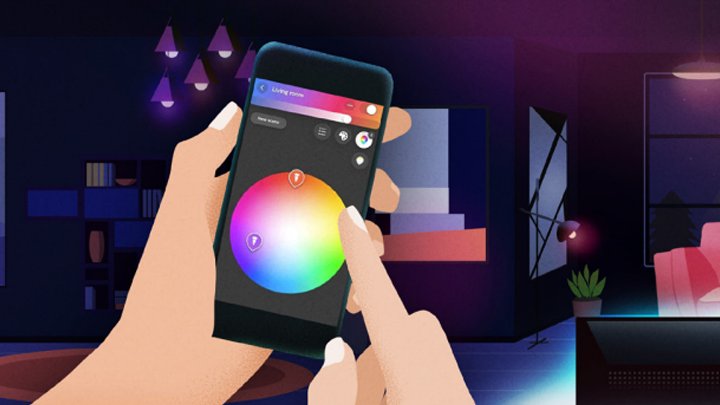 2D animation frame of hands choosing a light colour on a smartphone app