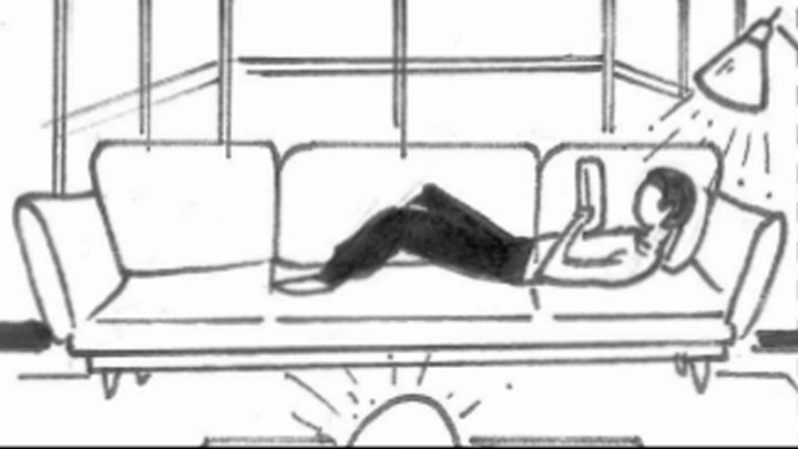 Storyboard sketch of a woman relaxing on a sofa with a phone under a lamp, for the Home Depot lighting videos by Room4 Media
