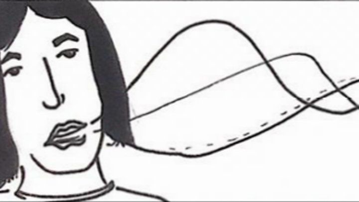 Storyboard sketch of a woman speaking, shown as sound waves