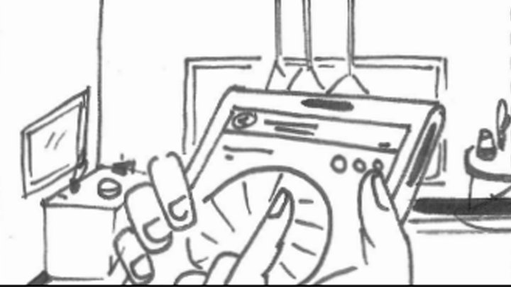 Storyboard sketch of hands adjusting lighting on a tablet