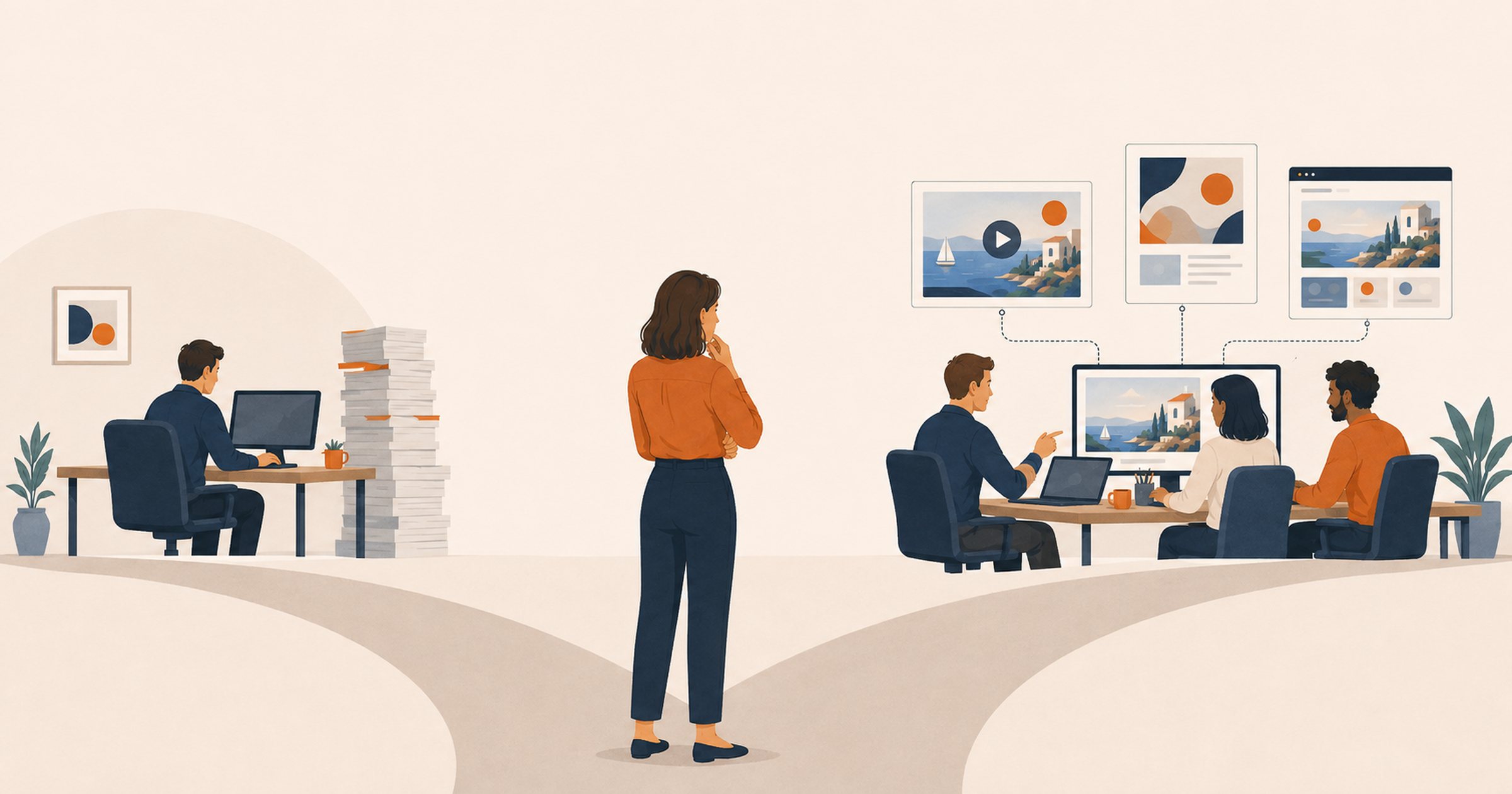Illustration of a marketing lead weighing an in-house creative desk against an outsourced creative team.