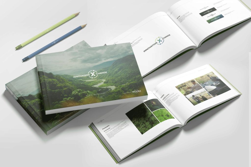 Innovation X Change brand guidelines book with the event logo and rainforest imagery, designed by Room4 Media