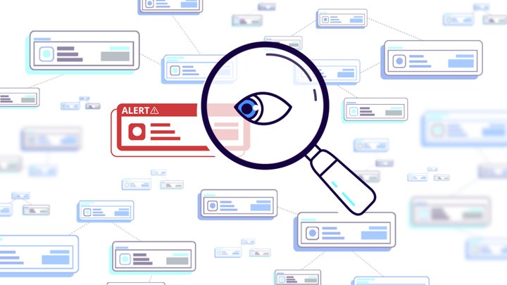 Final 2D animation frame of customer records with a red alert flagged by a magnifying glass