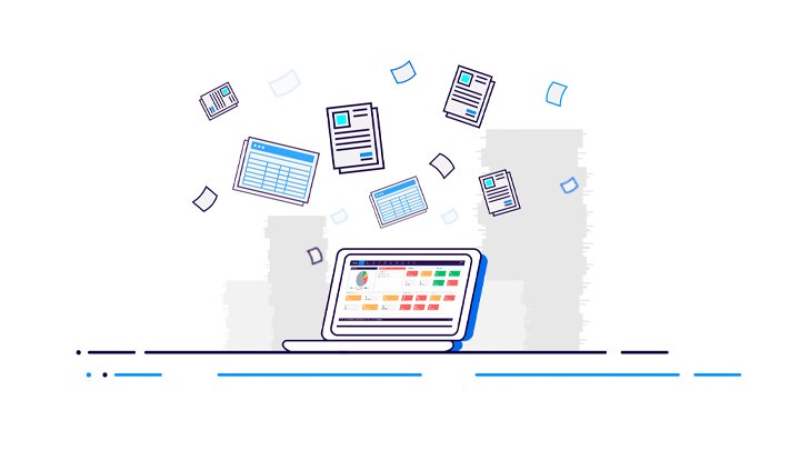 Final 2D animation frame of documents flowing into a laptop dashboard, showing automated compliance checks