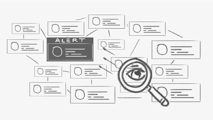 Pencil storyboard sketch of a network of customer records with one flagged alert under a magnifying glass