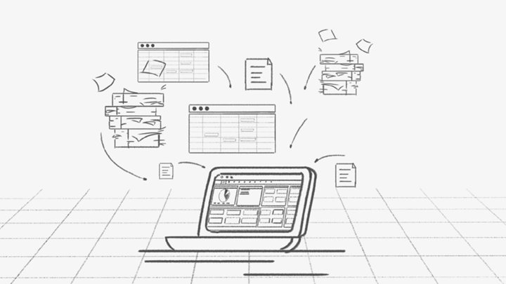 Pencil storyboard sketch of paper records moving into a laptop, showing the shift from manual checks to automation