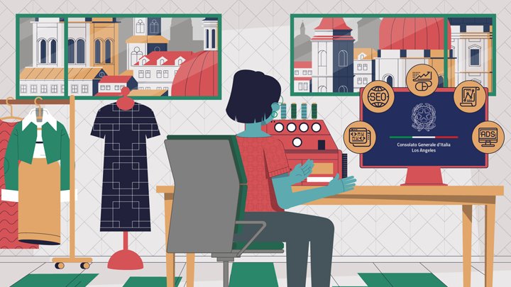 Final illustration of a fashion designer at a computer showing the Consulate General of Italy in Los Angeles, with SEO and digital tool icons