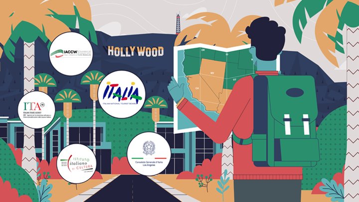 Final illustration of a traveller with a map below the Hollywood sign, surrounded by partner logos including the Consulate General of Italy in Los Angeles