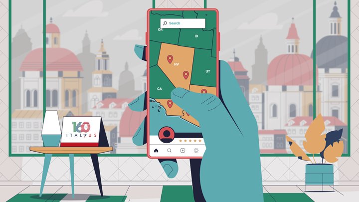 Final illustration of a hand holding a phone with a map of the western US, beside an Italy US 160 sign, from the Italian Consulate event promo video