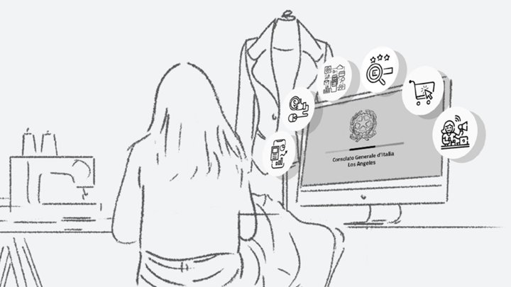 Pencil storyboard sketch of a fashion designer at a computer showing the Consulate General of Italy in Los Angeles, surrounded by digital tool icons
