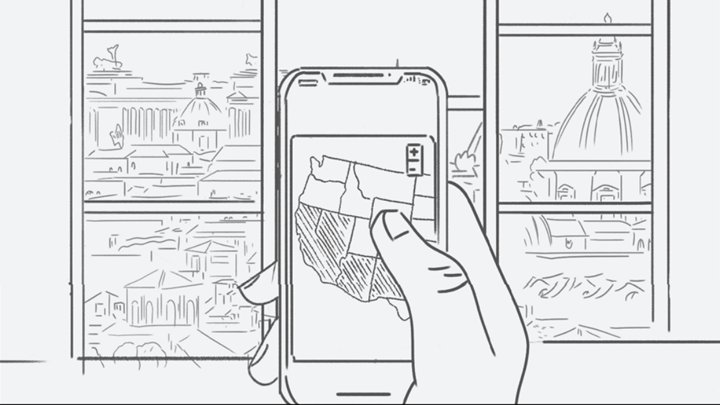Pencil storyboard sketch of a hand holding a phone with a map of the US, for the Italian Consulate event promo video by Room4 Media