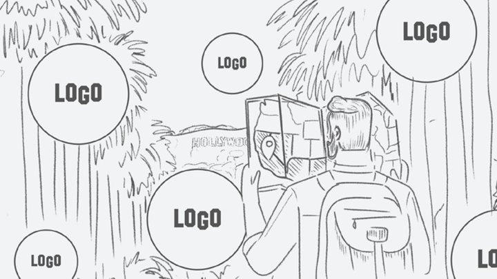 Pencil storyboard sketch of a traveller holding a map in Los Angeles, surrounded by partner logo placeholders