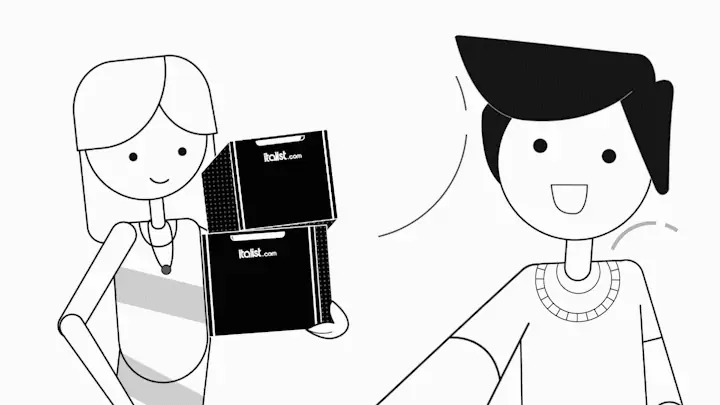 Animated line-art scene of two characters exchanging Italist boxes