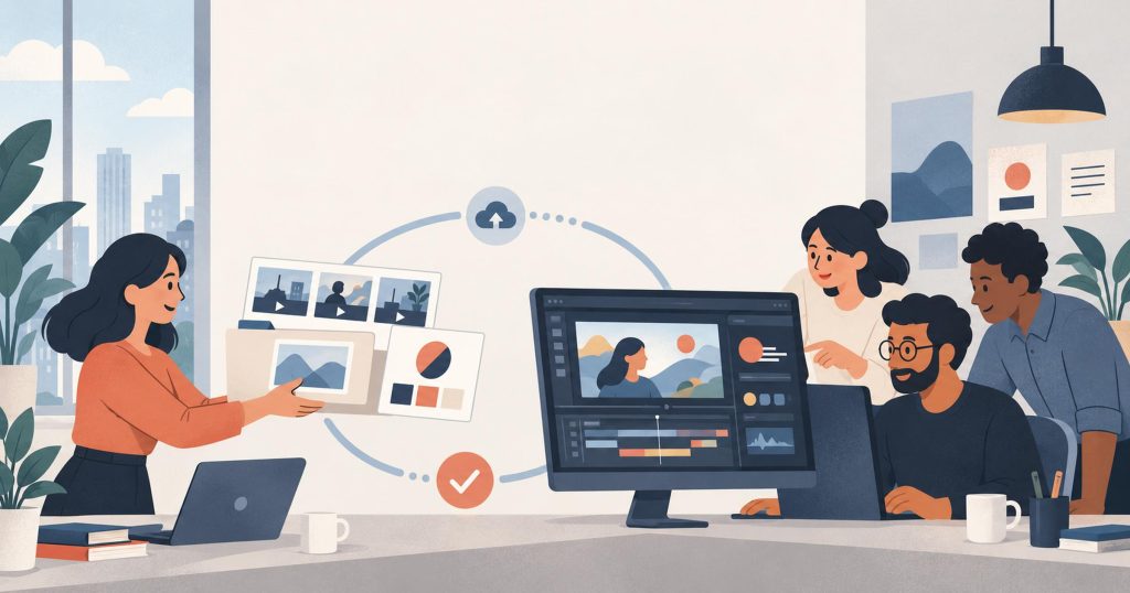 Illustration of a B2B marketing lead handing raw footage and brand assets to an outside team that returns finished, on-brand video and motion graphics.