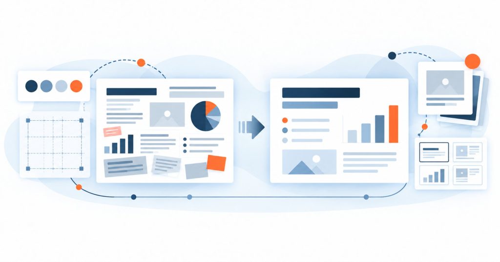 Presentation design shown as a cluttered slide restructured into a clear, on-brand slide with a simple chart.