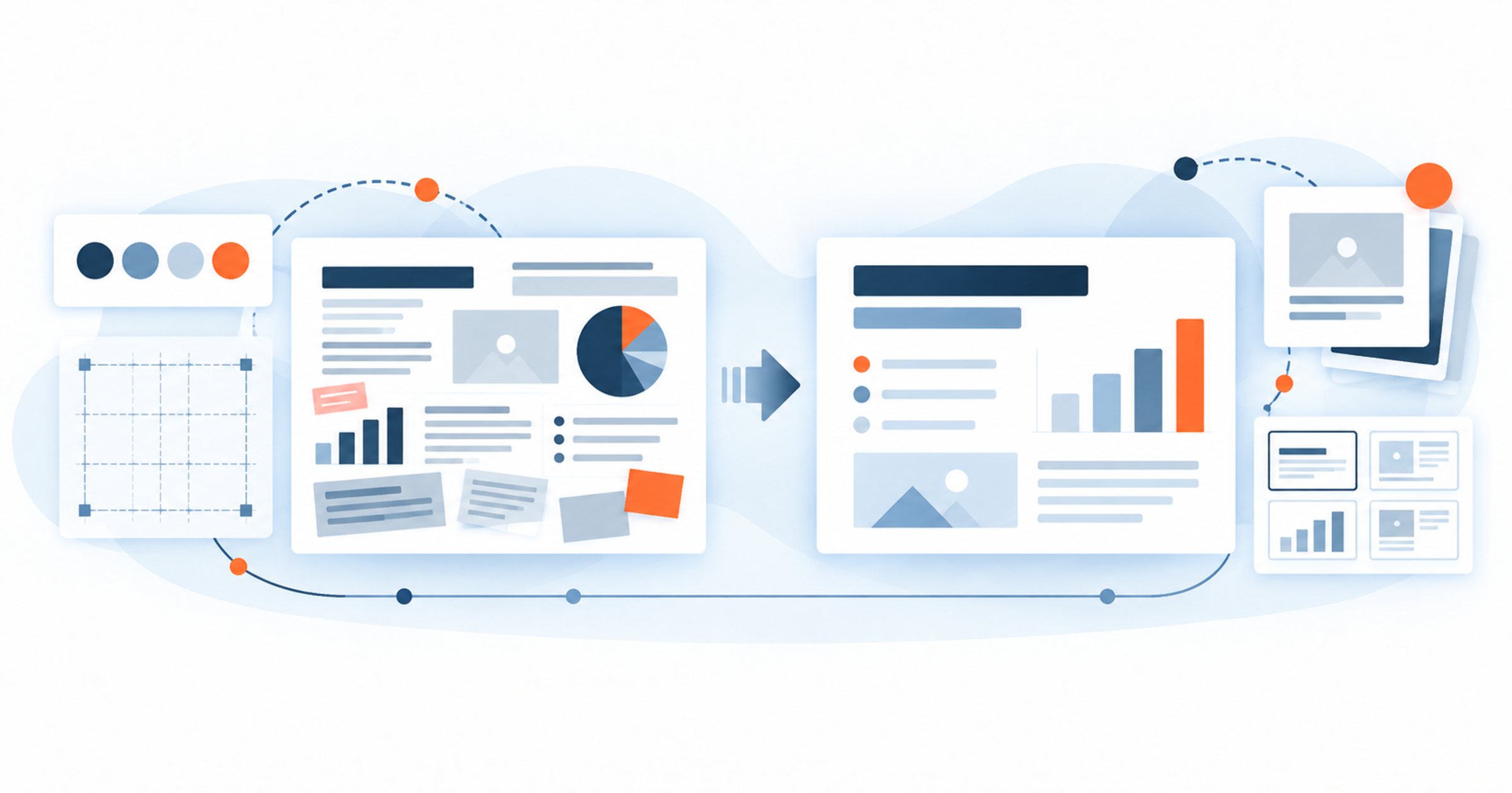 Presentation design shown as a cluttered slide restructured into a clear, on-brand slide with a simple chart.