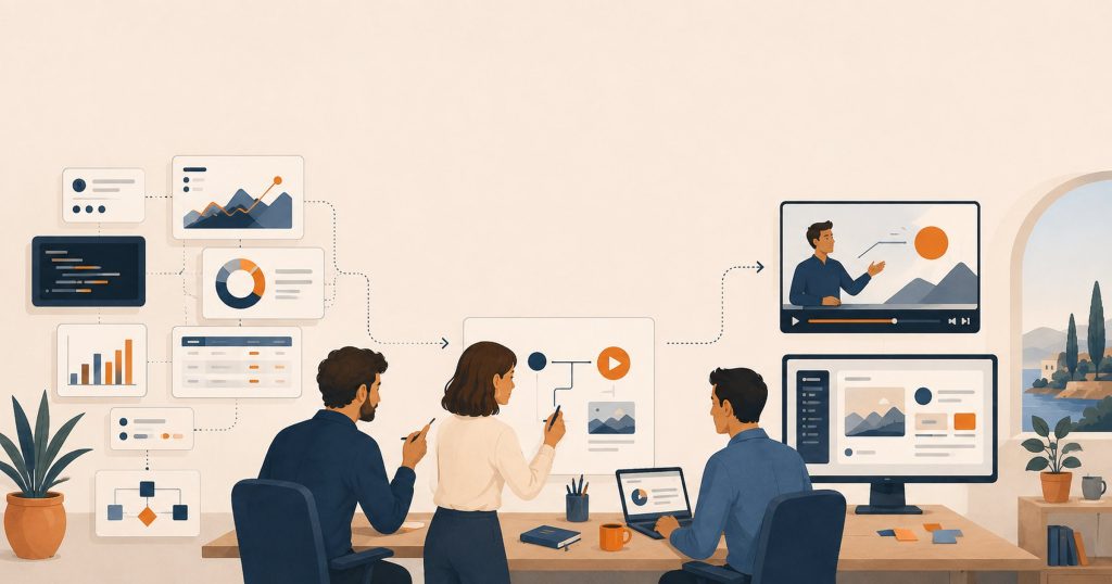 Illustration of a creative team turning an abstract SaaS product into a demo, an explainer, and UI in motion.