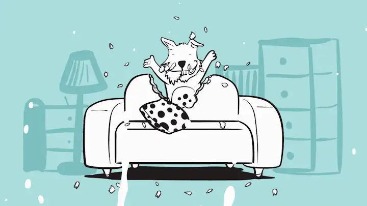 Animated scene of a puppy tearing apart a sofa cushion, from the Spot Pet Insurance advert