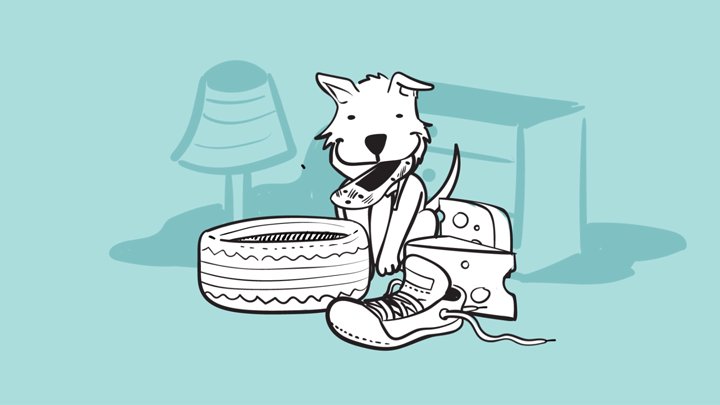 2D animation frame of a puppy chewing a phone among shoes and a cushion, from the Spot Pet Insurance advert by Room4 Media