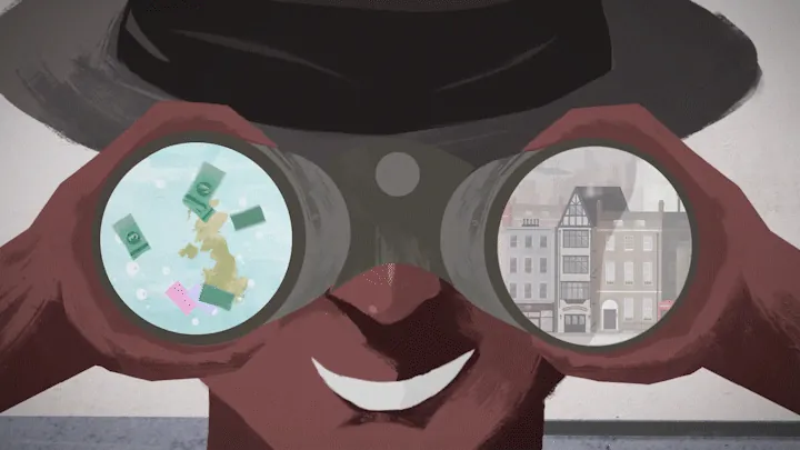 Animated frame of a figure looking through binoculars at money over a map of the UK