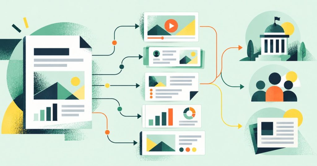 Illustration of one advocacy position paper being reused into a video, social cards, a briefing, an infographic and a slide, aimed at policymakers, members and press.