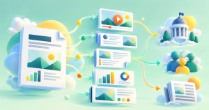Illustration of one advocacy position paper being reused into a video, social cards, a briefing, an infographic and a slide, aimed at policymakers, members and press.