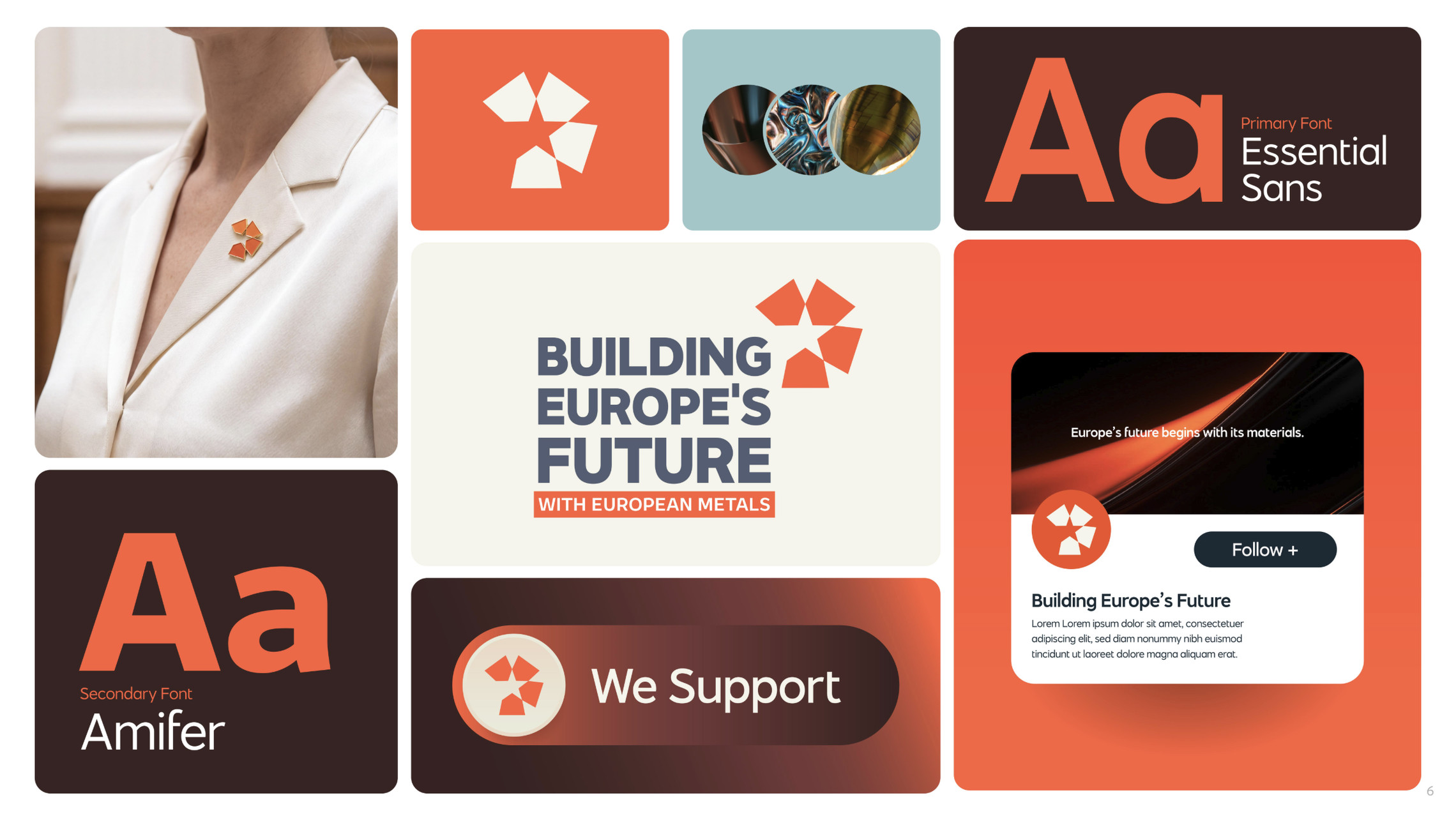 Building Europe's Future campaign brand identity: logo, typefaces, lapel pin and social card