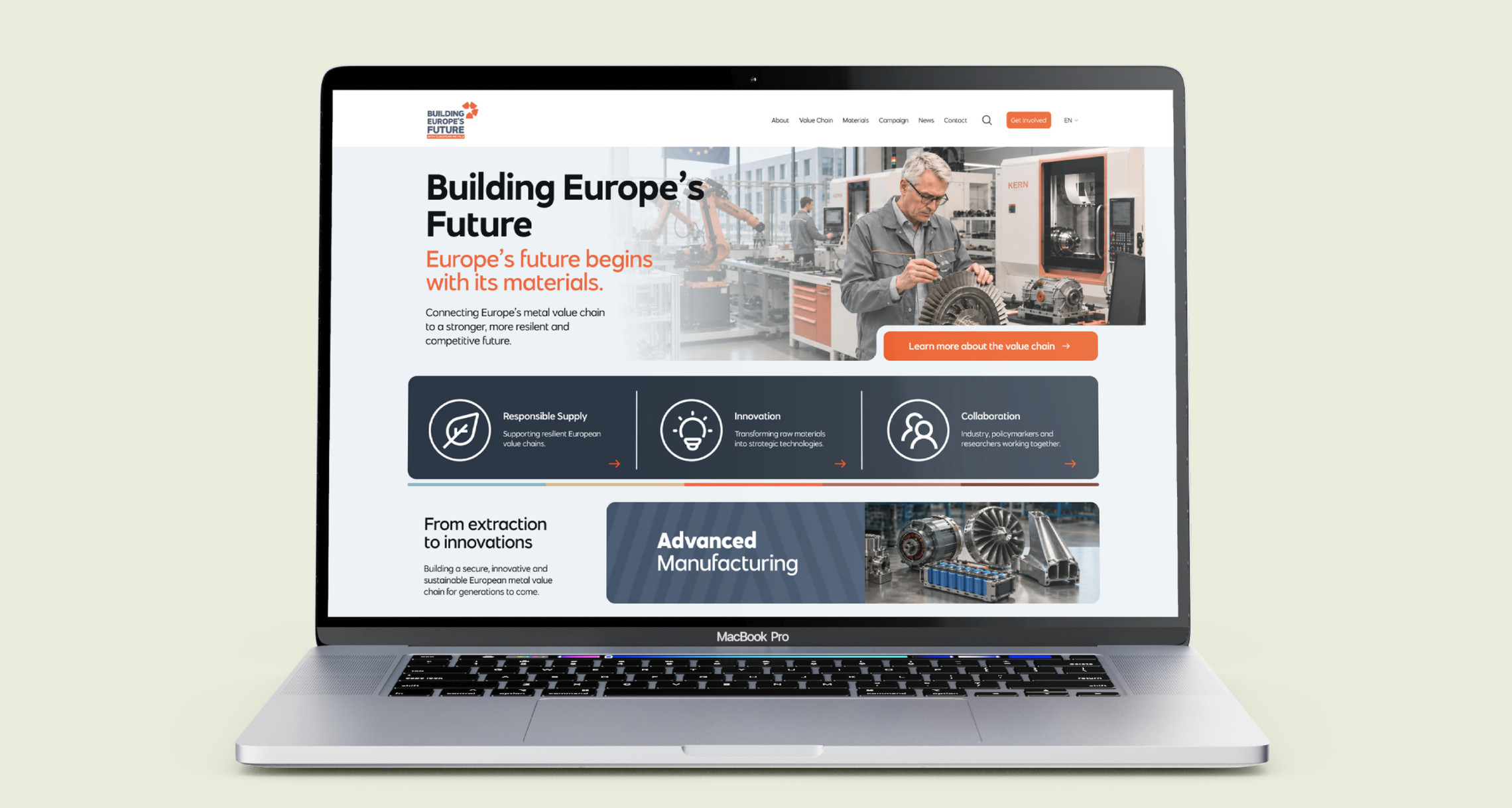 Building Europe's Future campaign website for European Metals on a laptop