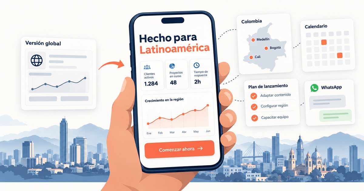 Illustration of a B2B product or service launch localized for Latin America, with a Spanish-language app interface and Colombia city markers for Bogota, Medellin and Cali.