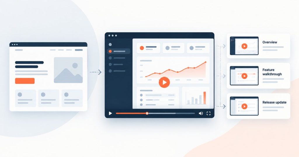 Illustration of product demo videos for B2B software, showing a SaaS dashboard in a video player with overview, feature walkthrough and release update cards.